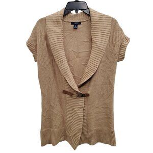 Chaps Women's Tan Beige Linen Blend Knit Fold Over Lapel Belted Wrap‎ Cardigan S